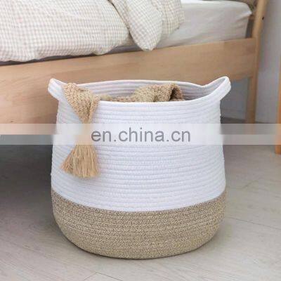 Hot Sell Woven Storage Basket With Handles Laundry Hamper Toy Towels Blanket Basket Woven Cotton Rope Basket