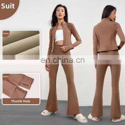 Fleece Zip Up Sleeve Sports Jacket Custom Logo Winter Slim Yoga Outdoor 310g Tops 92polyester 8spandex photo-3