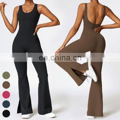 Women Clothing Sexy Open Flare Big U Back Bodysuit Custom Sports Jumpsuits Gym Fitness Bodysuit Women One Piece Yoga Jumpsuit