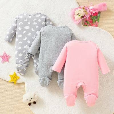 3pcs Newborn Baby's Cartoon Moon & Cloud Pattern Footed Bodysuit, Casual Comfy Long Sleeve Romper, Toddler & Infant Girl's Onesie, As Gift photo-2