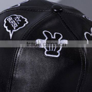 Star Style Cute Hand Embroidery Men Women Hiphop Black Leather Flat Baseball Cap
