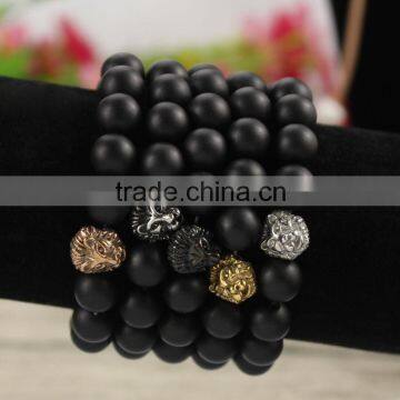 BRS1505 natural matte onyx stone strench bracelet stainless steel lion head mens bracelet