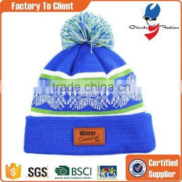 High quality striped acrylic knit beanies with colorful pompom, beanies with colorful pompoms