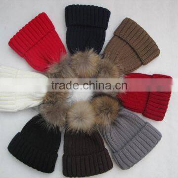 Hot selling multicolor wool hat with real raccoon fur pom poms