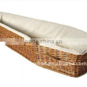 adults and baby use wicker coffin