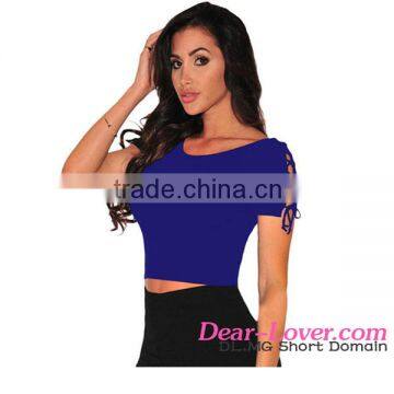 2016 Royal Blue Ribbed Lace Up Sleeves ladies crop top sweat suit