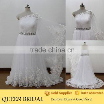 Real Works Elegant One Sleeve Crystal Belt Plus Size Wedding Dress 2016