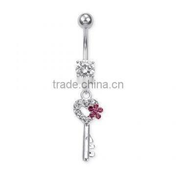 Surgical Steel Dangling Jeweled Heart Key Belly Ring with Flower