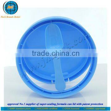 Light blue plastic milk powder tin cap with built-in scoop with FSSC 22000 certified by GMP standard-labeling available