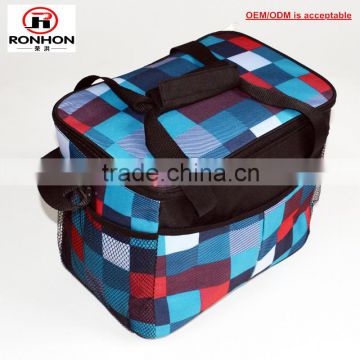 2016 multi color grid canvas lunch bag can cooler bag