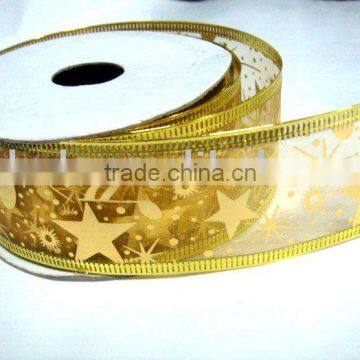 Stars Gold Foil Printed Christmas Ribbon With Wire Pressed Sides