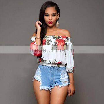 Summer Fashion Women Smocked Printed Blouse Ladies Floral Sexy Three Quarter Sleeve Off Shoulder Women Blouses 2016 New Designs