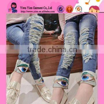 2015 Korea New Style Sequins Eyes Jeans High Stretch Pants Wholesale Boutique Fashion Highly Quality Children Denim