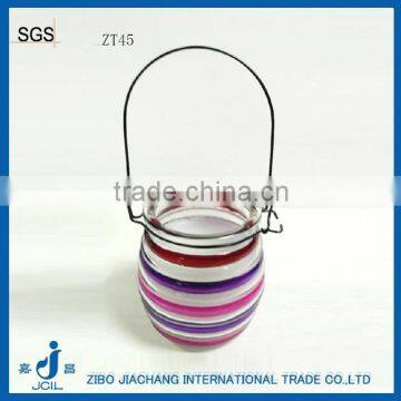 hand painted strpe glass candle jar with handle