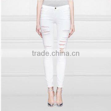 2014 Fashion China Wholesale White Stretch Cotton Distressed Holes Latest Design Denim Fabric Jeans Pants Factory