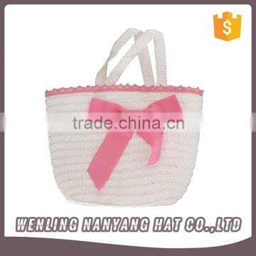 Women Pastoral Style White&Pink Fair Maiden Bow Woven Staw Bag Dating Picnic Handbag