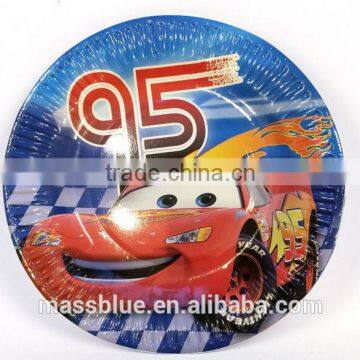 Blue color paper plate with cartoon red car