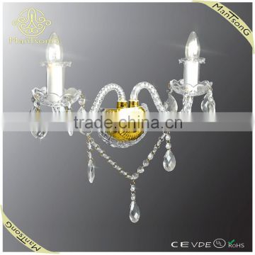 2015 wholesale classic golden glass arms crystal candle two heads wall light