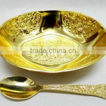 Promotional gift, corporate gift, beautiful wedding gift gold plated brass bowl spoon set