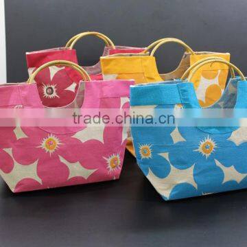 Designer Floral Print Juco Beach Bag With Wooden Cane Handle photo-2