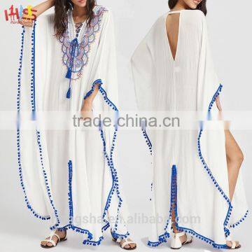 Pom Pom Trim Lace Up Cutout Back Embroidered Poncho Kaftan Dress