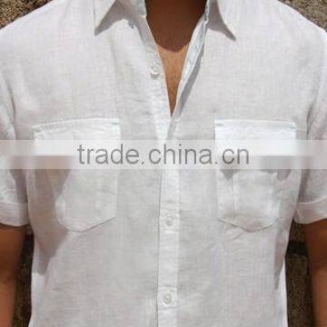 Mens white linen short sleeve linen shirts two pockets casual shirt