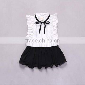 New Design Pink Striped Shirt Black Skirt Little Girl OL Wind Clothing Set 2017 Hot Sale photo-2