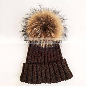 Myfur Super Size Raccoon Fur Pom Pom Detachable Fur Ball Knit Hat