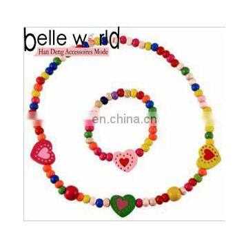 Girls Elasticated Heart Wooden Bead Necklace and Bracelet Set