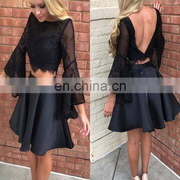 Two Pieces Black Exquisite Short Cocktail Dress Bateau Long Sleeve Beaded Satin Prom Dress photo-3