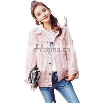 TWOTWINSTYLE Autumn Pink Denim Jackets For Women Lapel Long Sleeve Single Breasted Hole Loose