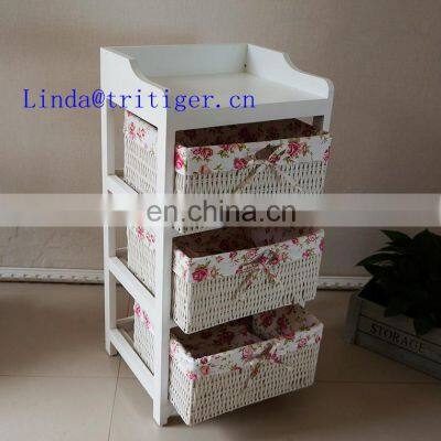 White Home Funiture Solid Wood Storage Cabinet With Wicker Drawers Willow Basket photo-3