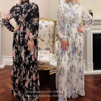 BS-LR547 Byshanel Women's Chiffon Kaftan Abaya Dress Muslim Long Sleeve Printing Maxi Dress Islamic Evening Gown