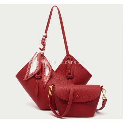Female Lychee Pattern Senior Sense Large Capacity One-shoulder Tote Bag Two-piece Set
