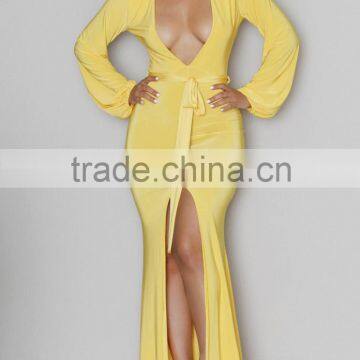 2015 Latest Design Long Sleeve Deep V Neck Sexy Front Split Maxi Wedding Dress LD1018