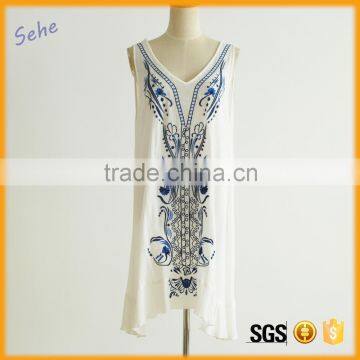 latest design rayon pleated sleeveless embroider women casual one piece dress