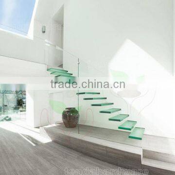 Floating glass steps stairs with laminated glass tread and glass stringer