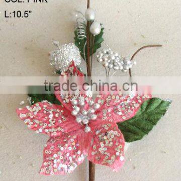 2014 Artificial Christmas Flowers 10.5" Artificial Velvet Poinsettia Pick