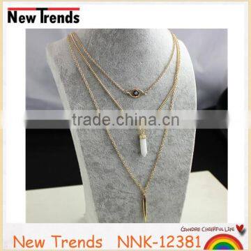 Hot fashion gold plated 3 layer crystal pendant chain necklace with eye charm