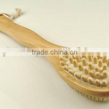 Double-sided wooden massage brush, long handle massager, bath scrubber, WPB014