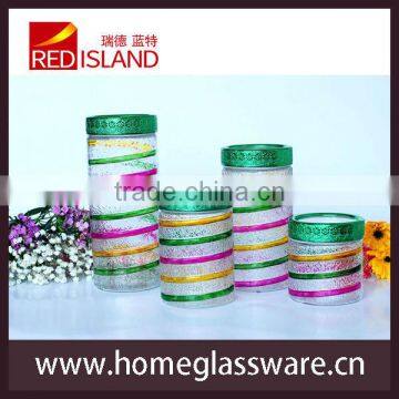 Hot sale glass jar with hand patinted plastic & electroplate screw top lid