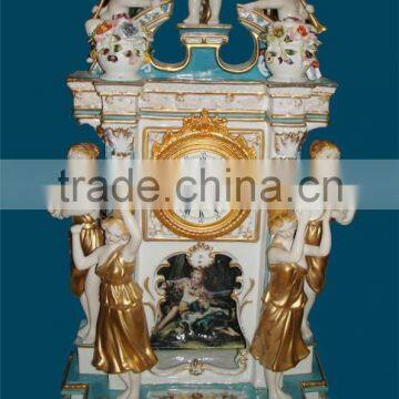 Vintage Art Decorated Ceramic Enamel Table Clock, Ornate Angel Playing Instrument Gilt and Turquoise Desk Clock
