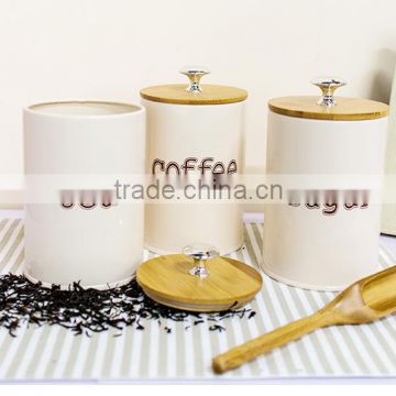 Set of 3 kitchen round metal storage canisters for tea sugar coffee