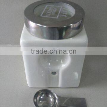Plain White Ceramic Square Storage Jar With Spoon & Silicone Lid photo-3