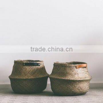 Seagrass Storage Baskets With Leather Hanldes, Belly Decorative Seagrass Baskets photo-2