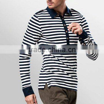 HIgh quality slim fit long sleeve men vintage striped polo shirt with wooden buttons