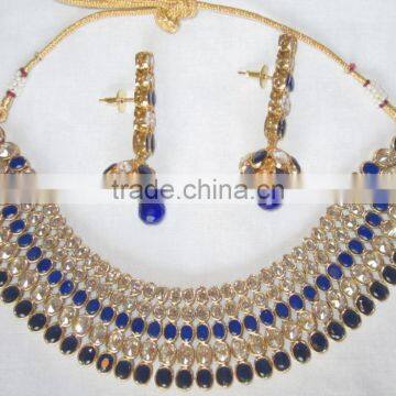 Polki Crystal Sapphire Blue Necklace Jhumka EARRING Bridal Set photo-2