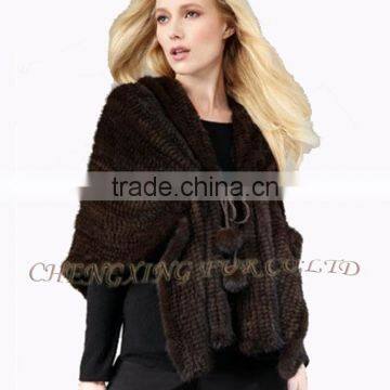 CX-B-M-107D Fashion Poncho Manufacturers White Knitted Mink Fur Shawl photo-3