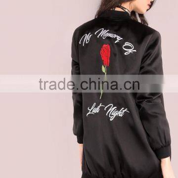 Black Rose Embroidered Bomber Jacket 100% Polyester Vintage Casual Back Silky Longline Winter Zipper Jacket photo-4