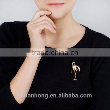 Fashion Gold Zircon White Pearl Crane Brooch Pin photo-2